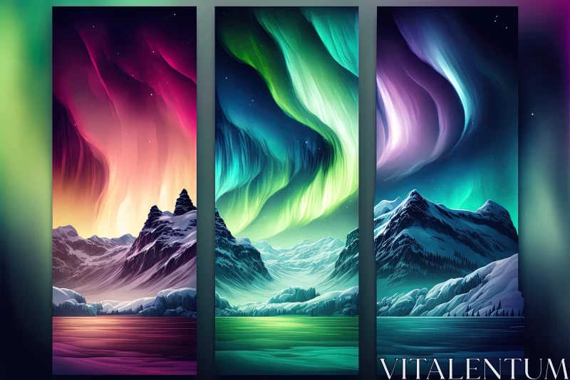 Aurora Lights Triptych: Atmospheric Landscapes in Colorful Neo-Romanticism Style AI Image