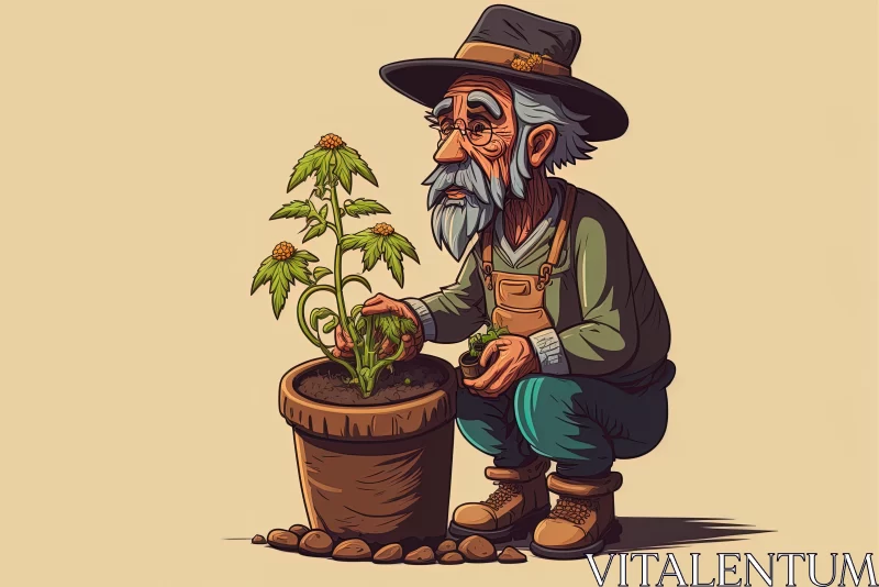 AI ART Elderly Gardening Man with Potted Plant Illustration