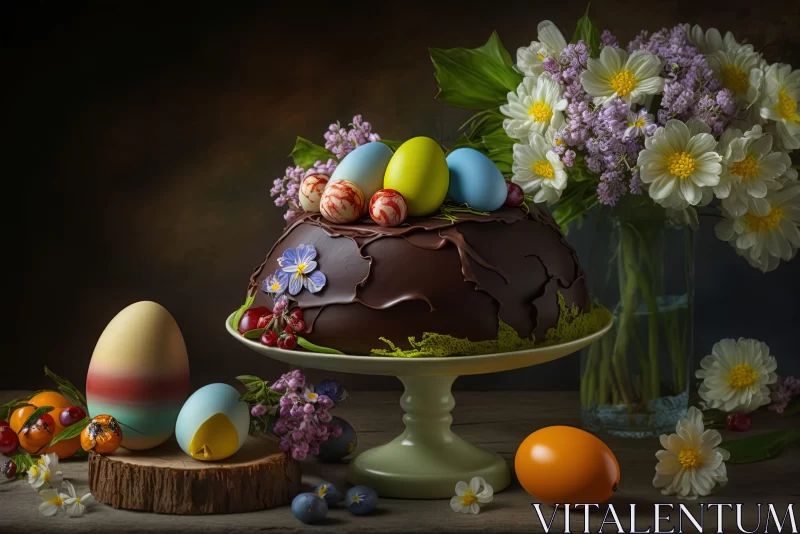 Easter Chocolate Cake with Eggs and Flowers - Fine Art Photography AI Image