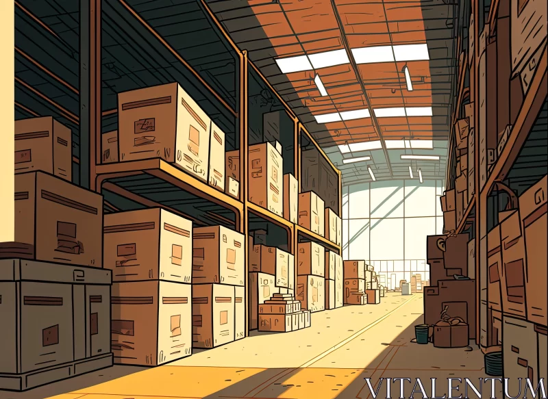 Sunny Cartoon Warehouse: An Illustration in Warm Tones and Sharp Inking AI Image