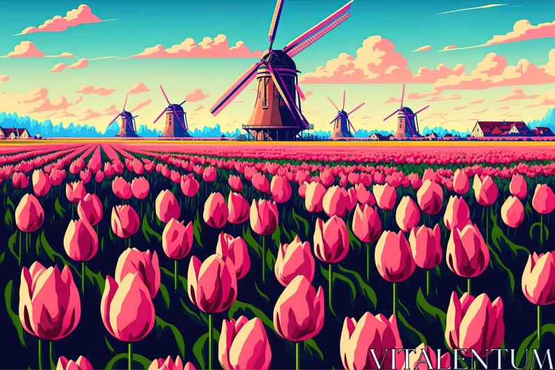 Tulip Field with Windmill in Pixel Art and Retrowave Style AI Image