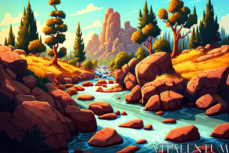 Cartoonish Autumn Landscape with Crystalline River AI Image