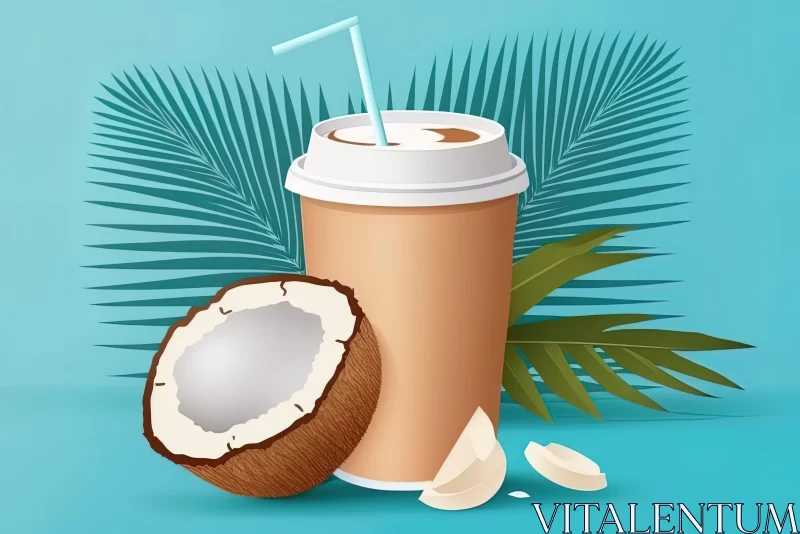 AI ART Coconut Coffee Drink with Palm Leaves - Graphic Design Illustration