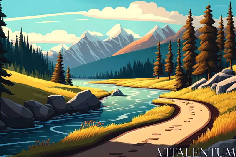 Whistlerian Wilderness - Cartoon Style River and Trail Illustration AI Image