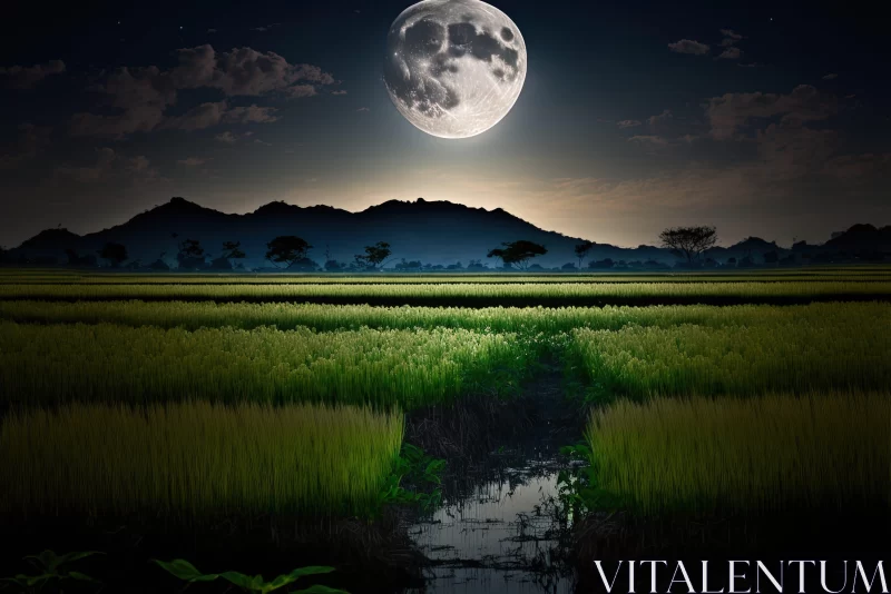 Full Moon Over Rice Field - A Surreal Nightscape AI Image