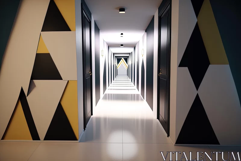 Symmetrical Hallway Design in Black, White and Yellow AI Image