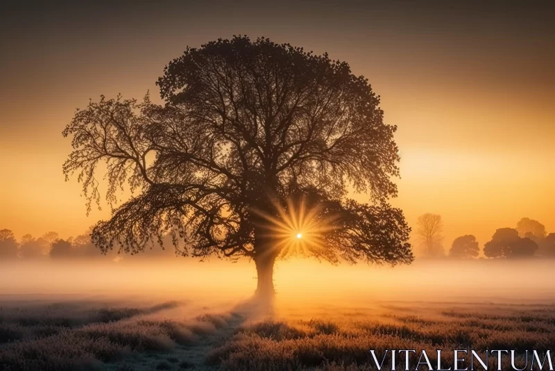 Sunlit Foggy Field with Lone Tree and Elf - Enchanting British Landscape AI Image