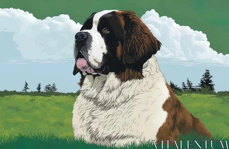 Colorful Large-Scale Illustration of St. Bernard Dog in Field AI Image