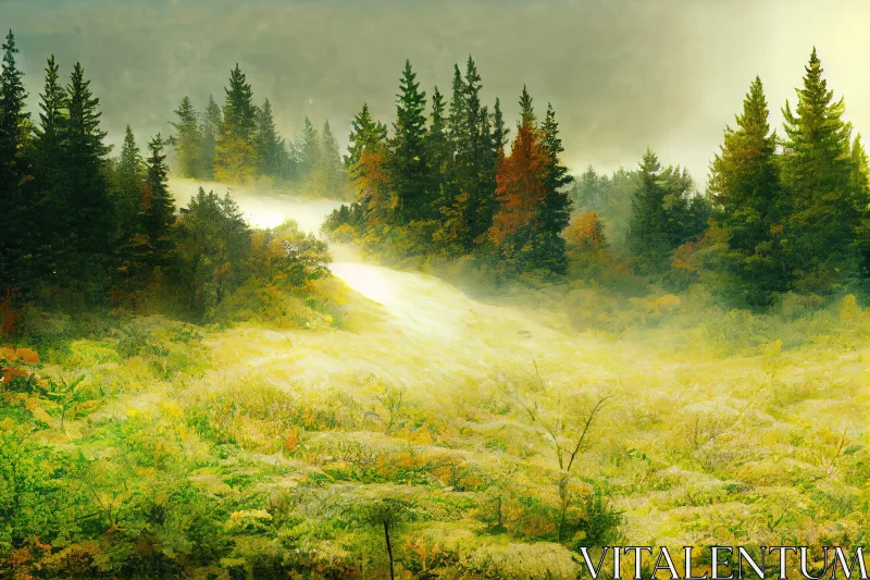 Misty Mountain Scene with Snowy Trees and Green Grass AI Image