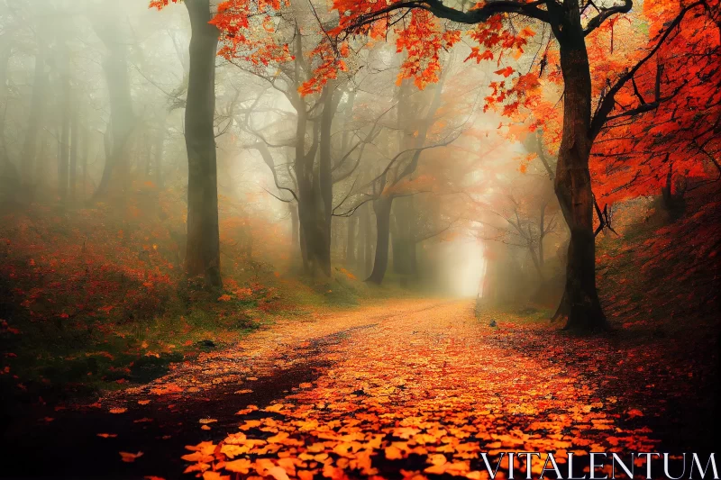 Foggy Forest Fantasy: A Tree with Red Leaves AI Image