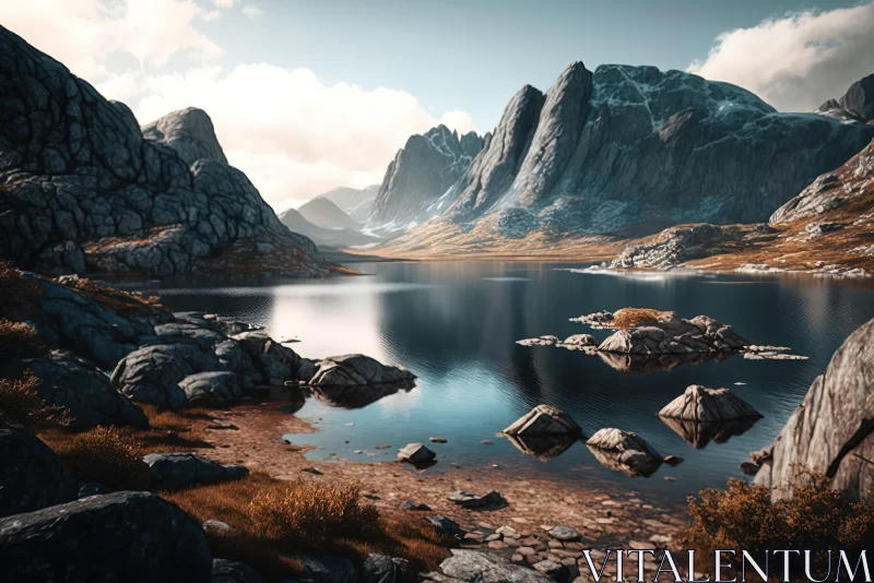 Spectacular Mountain and Lake Scene in Photorealistic Fantasy Style AI Image
