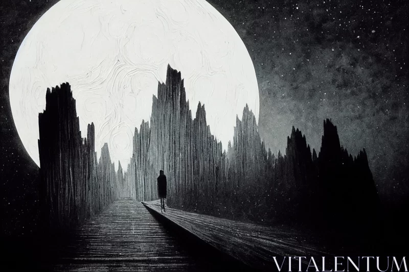 Gothic Futurism: Man Walking Under the Moon AI Image