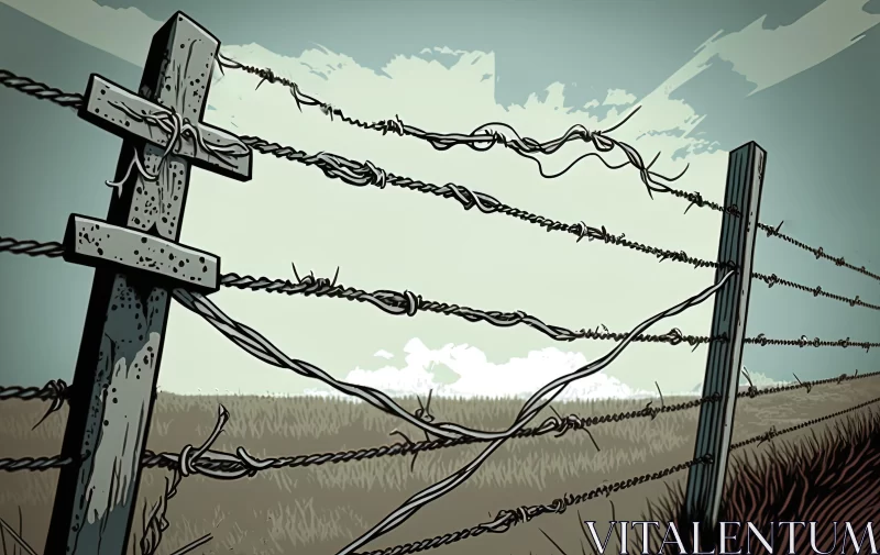 Graphic Novel Style Barbed Wire Fence Illustration AI Image