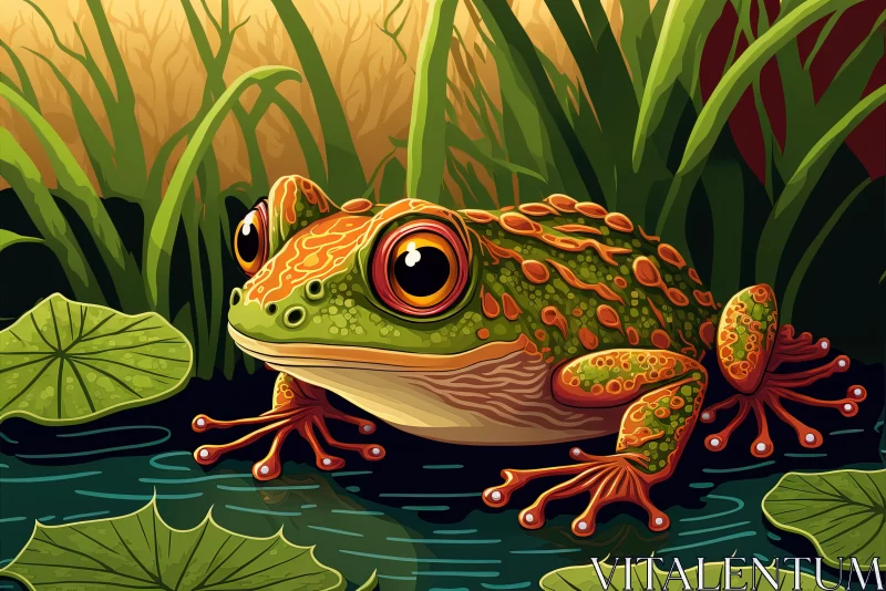 Colorful and Detailed Cartoon Frog in Natural Landscape AI Image