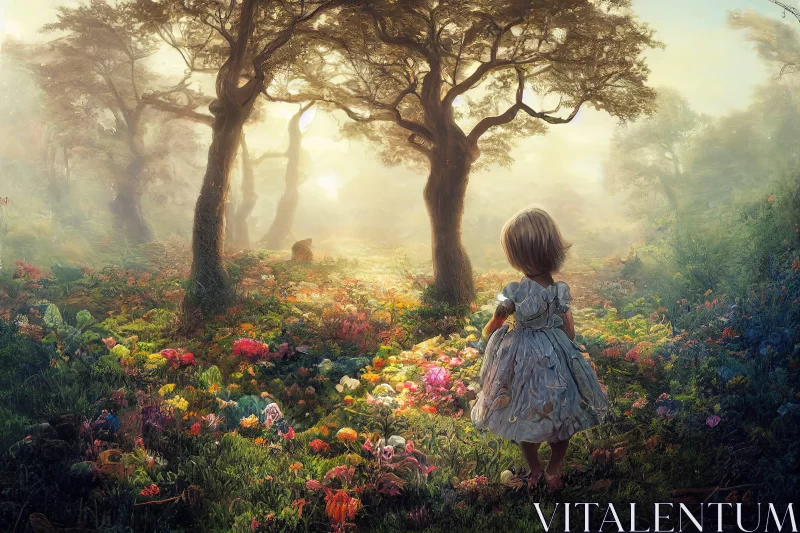 Dreaming Girl Walking Through Flower-filled Forest AI Image