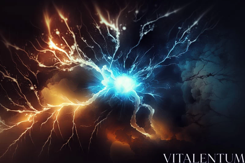 Explosion of Blue and Orange Lightning - Science Fiction Illustration AI Image