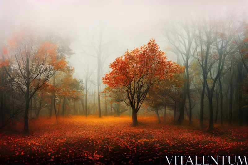 Foggy Autumn Forest in Red and Bronze AI Image