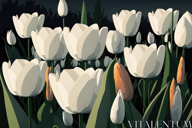 White Tulips at Night: A Bold Graphic Illustration AI Image