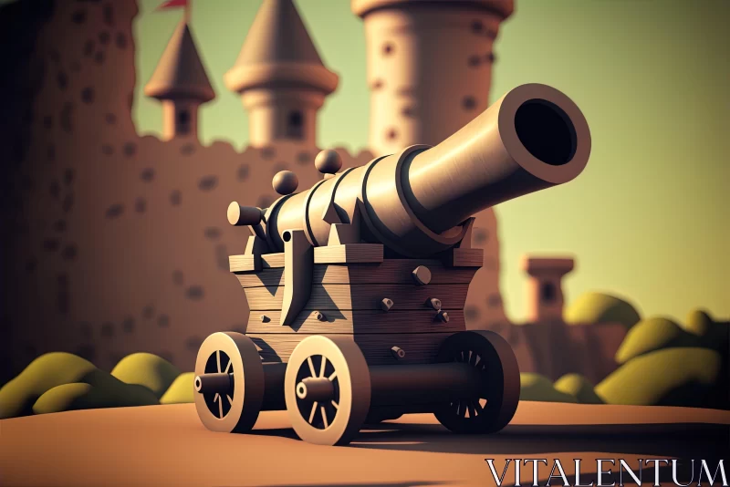 Miniature Cannon in Front of Brick Castle - Low Poly Artwork AI Image