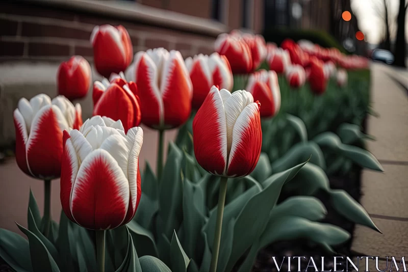 Red and White Tulips by the Sidewalk - A Bold and Graceful Display AI Image