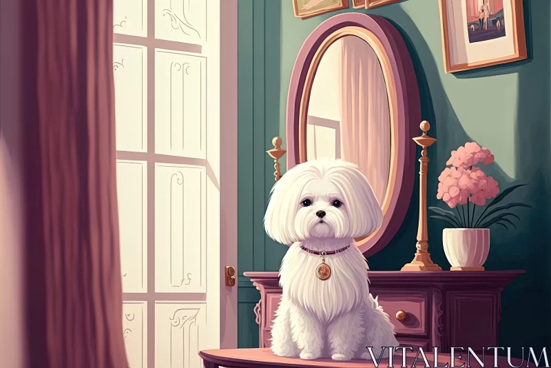 Charming White Dog by Dressing Table in Romantic Cartoonish Style AI Image
