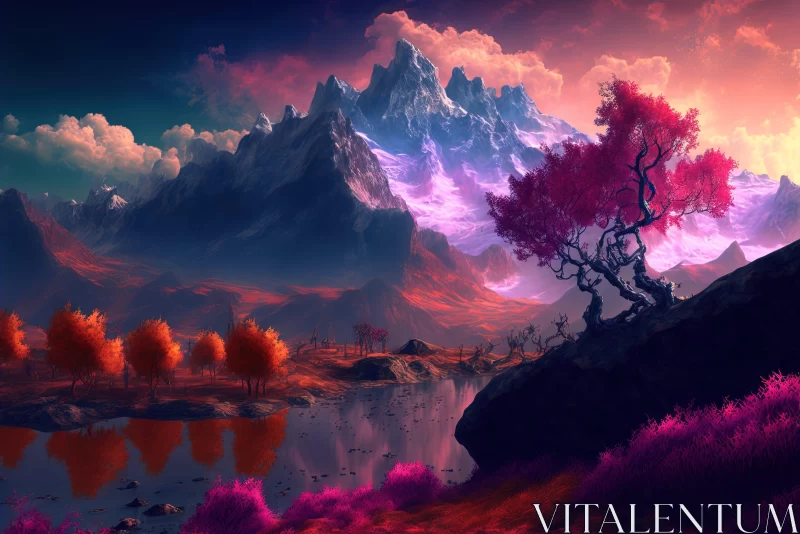Fantasy Landscape Art: Red Mountain with Purple and Blue Trees AI Image