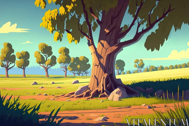 Serene Landscape and Tree Illustration in 2D Game Art Style AI Image
