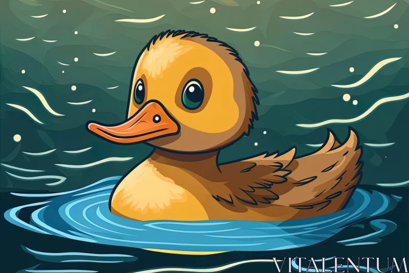Whistlerian Cartoon Duck Floating in Water Illustration AI Image