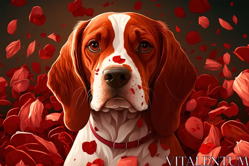 Beagle Amidst Red Petals in Forest - A Romantic 2D Game Art Illustration AI Image