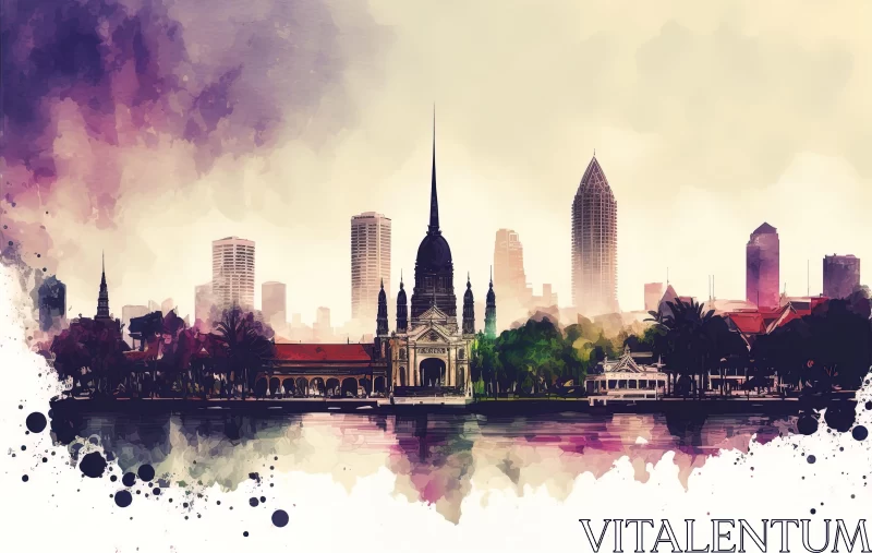City Skyline Watercolor Illustration in Thai Art Style AI Image
