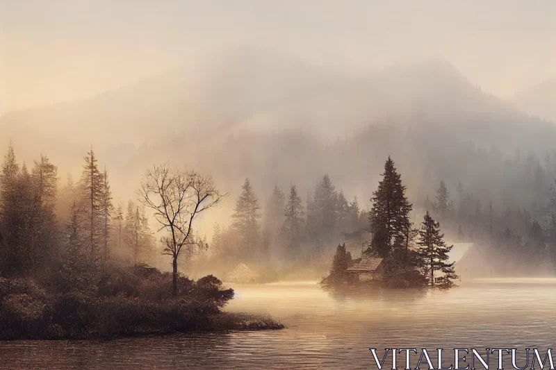 Enchanting Cabincore Landscape of a Misty Lake and Forest AI Image