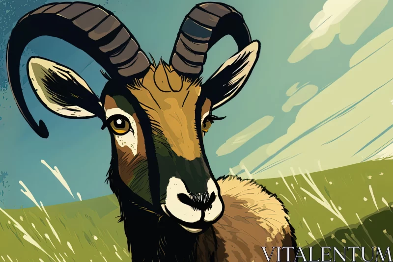 Bold Graphic Novel Style Animation of a Goat in a Field AI Image