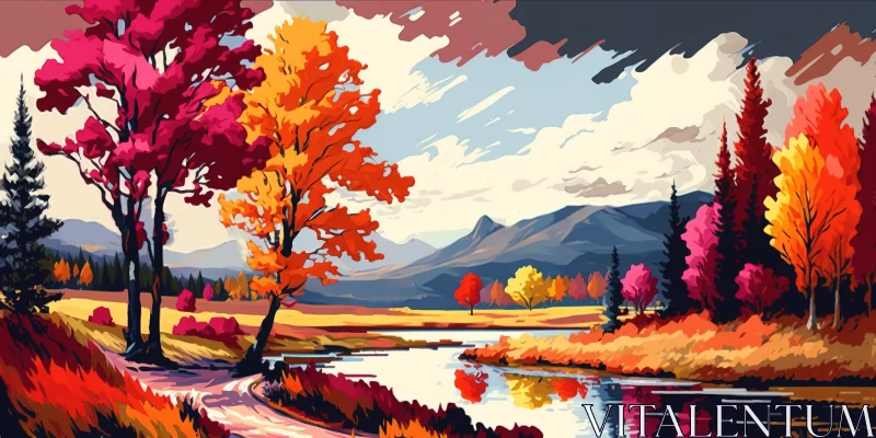Mountain Autumn Landscape - Colorful Pixel Art Painting AI Image