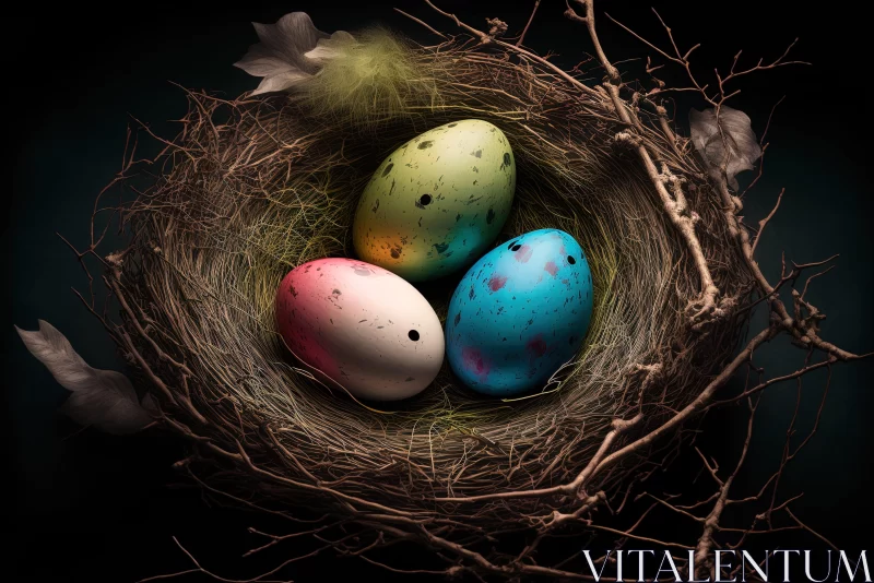 Surreal Easter: Colorful Eggs in Nest with Dark Composition AI Image