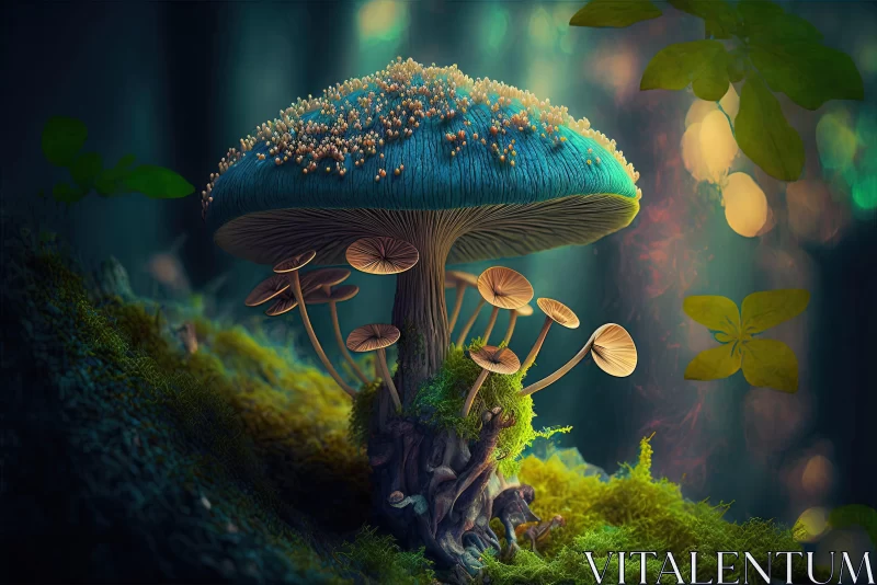 Mystical Blue Mushroom in an Enchanted Forest AI Image
