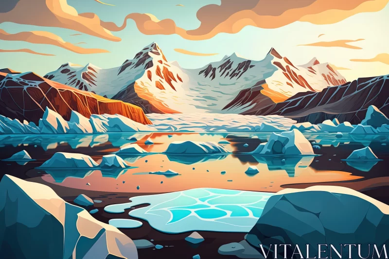 Colorful Cartoon Style Seascape with Icebergs and Mountain AI Image