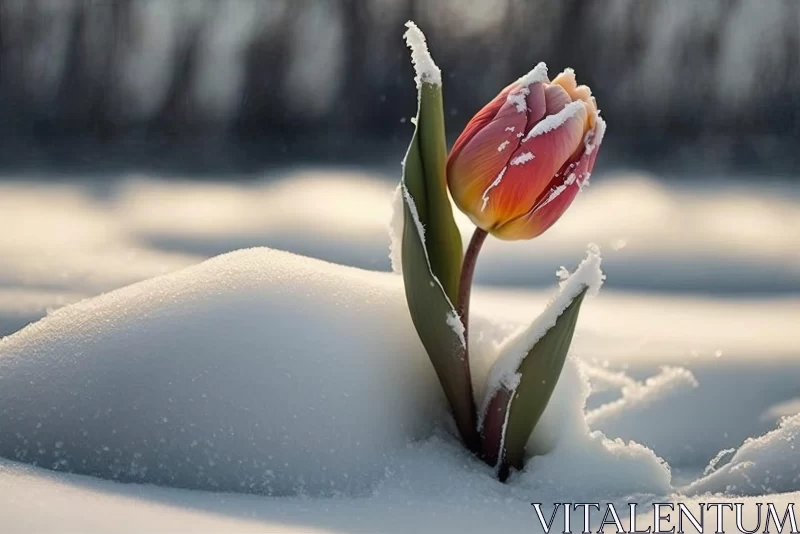 Pink Tulip Blooming in Winter - A Romantic Snowy Scene AI Image