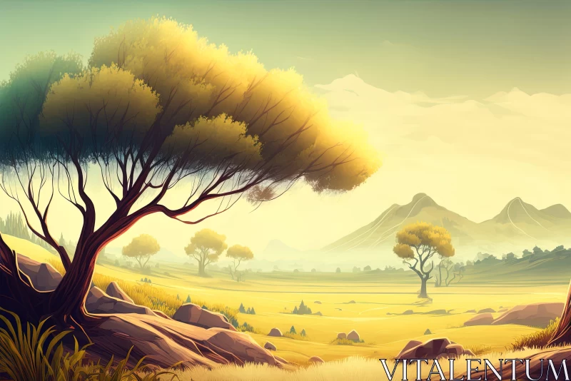 Scenic Landscape: A Fusion of Traditional African Art and Digital Painting AI Image
