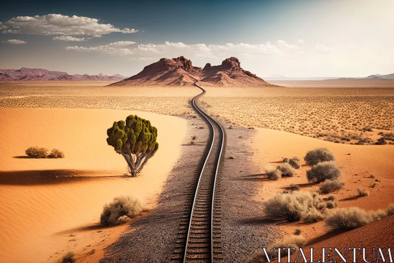 Surreal Desert Landscape with Train Tracks and Lone Tree AI Image