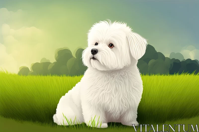 Cartoon Realism Art of White Maltese Dog in a Lush Garden AI Image