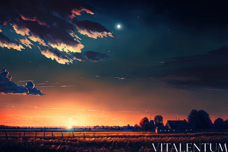 Impressionist Field and Sky - Monochrome Night Landscape AI Image