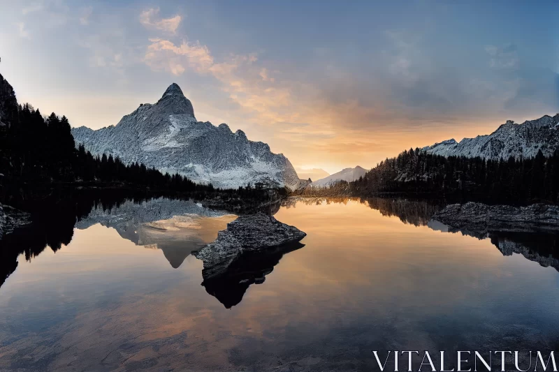 Serene Mountain Sunset Reflected in a Lake AI Image