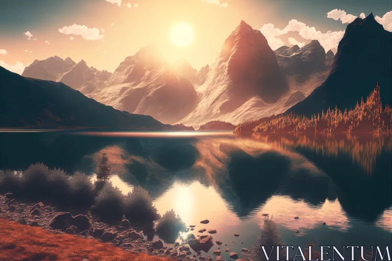 Surreal 3D Landscape of Mountain and Lake AI Image