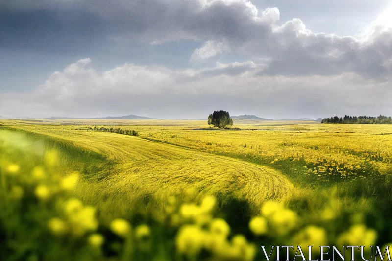 Ethereal Landscape of Yellow Flower Field AI Image