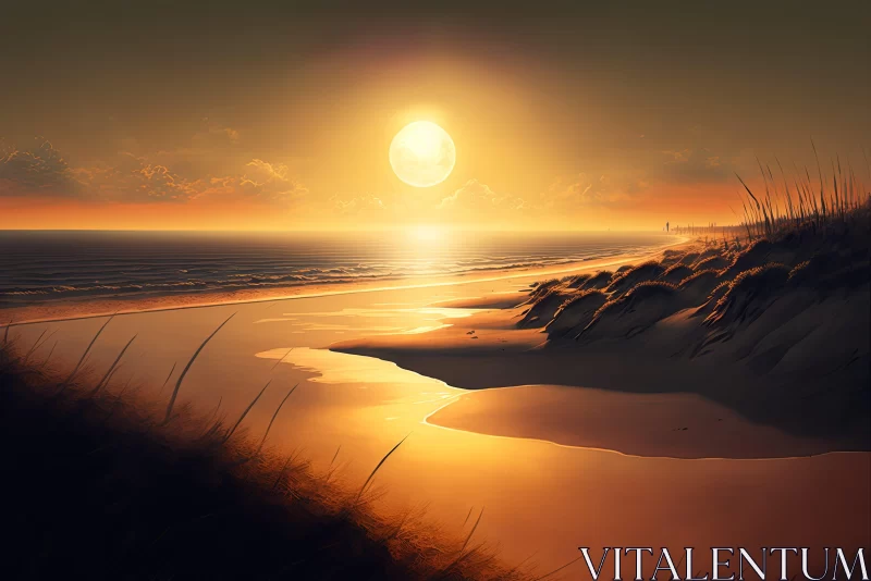Sunset Over Sandy Beach in Photo-Realistic Digital Painting AI Image