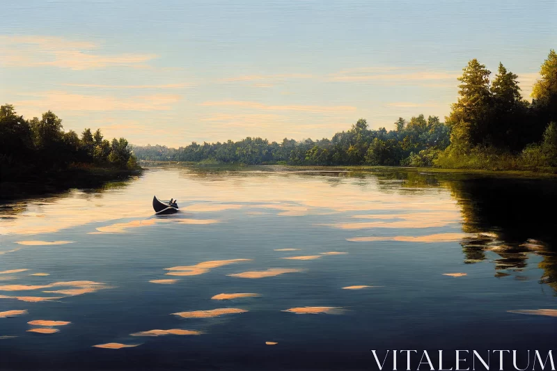 Tonalist Painting: Boat on a River with Panoramic View AI Image