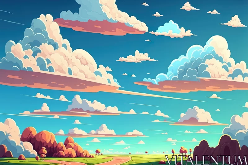 Nature-Inspired Clouds Painting: Cartoon Trees & Mountain Landscape AI Image