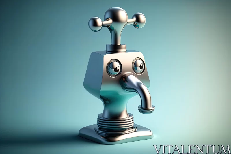 3D Rendered Metal Faucet with Chrome Eyes | Playful Caricature Art AI Image