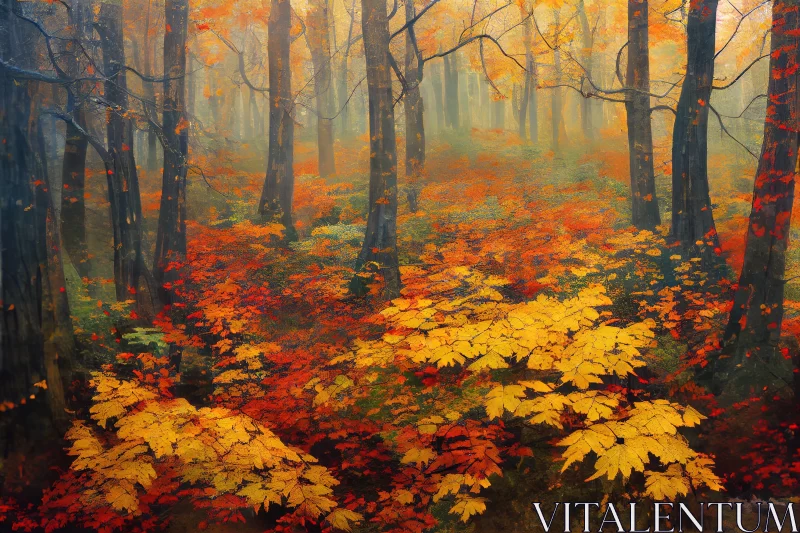 Autumn Forest: A Study in Precisionist Art and Eastern Brushwork AI Image