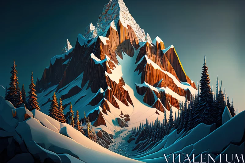 Snow-Covered Mountain and Tree Illustration AI Image